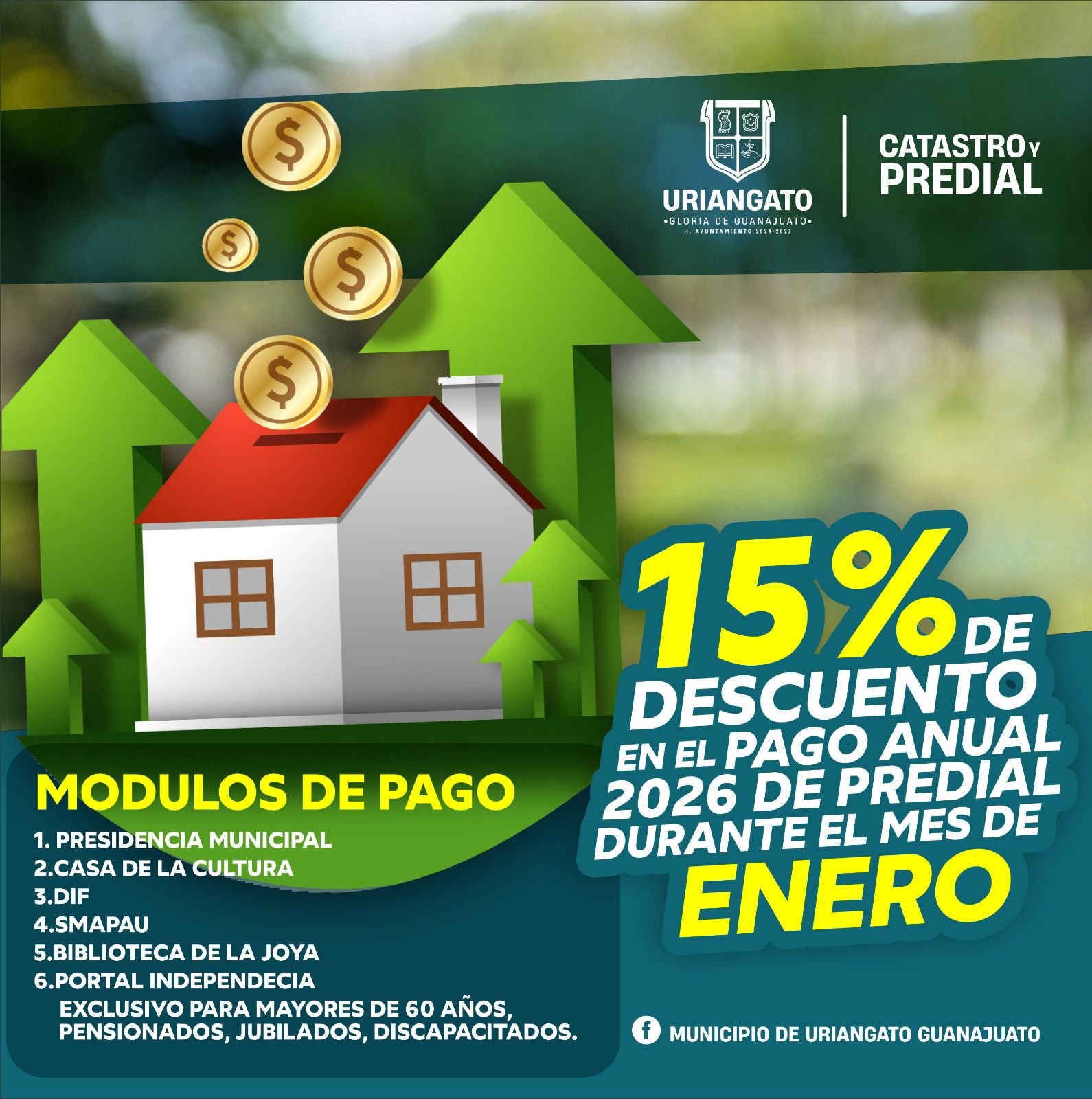 A partir del 2 de enero 2026 realiza tu pago de impuesto predial con un 15% de descuento. 
