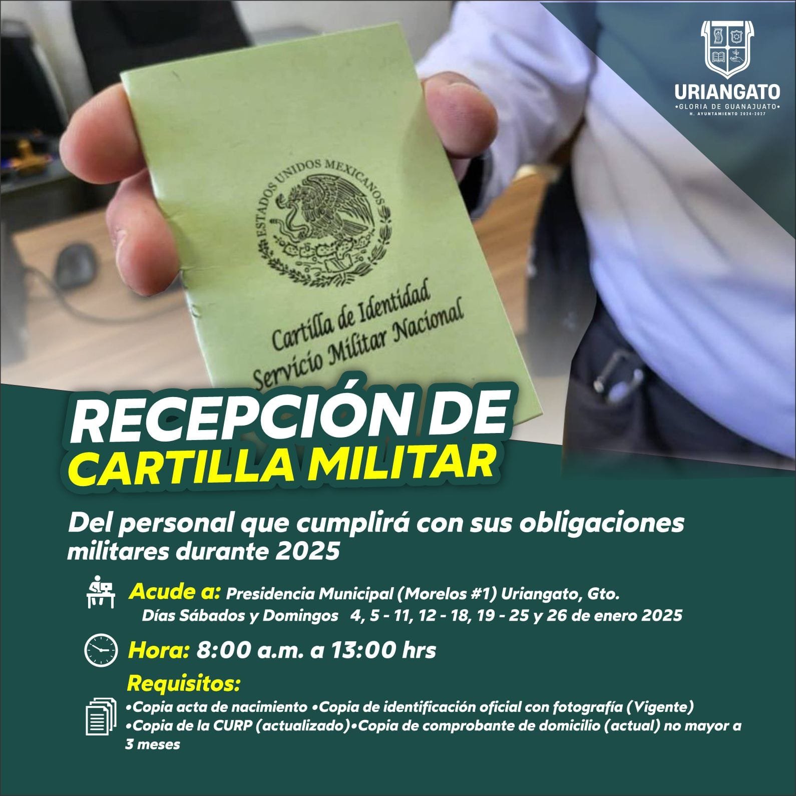 Recepción de cartillas militares, se extiende fecha 8 y 9 de febrero.